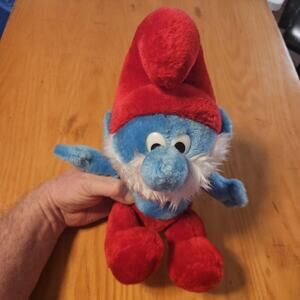 Vintage Wallace Berrie Papa Smurf Plush Stuffed Toy Small Blue Red 1979 Peyo